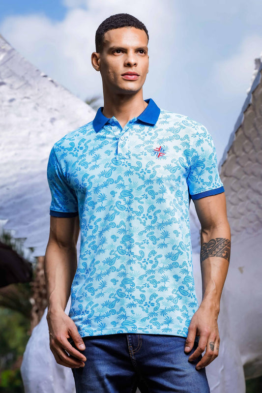 Light Blue Printed Polo T Shirt for Men