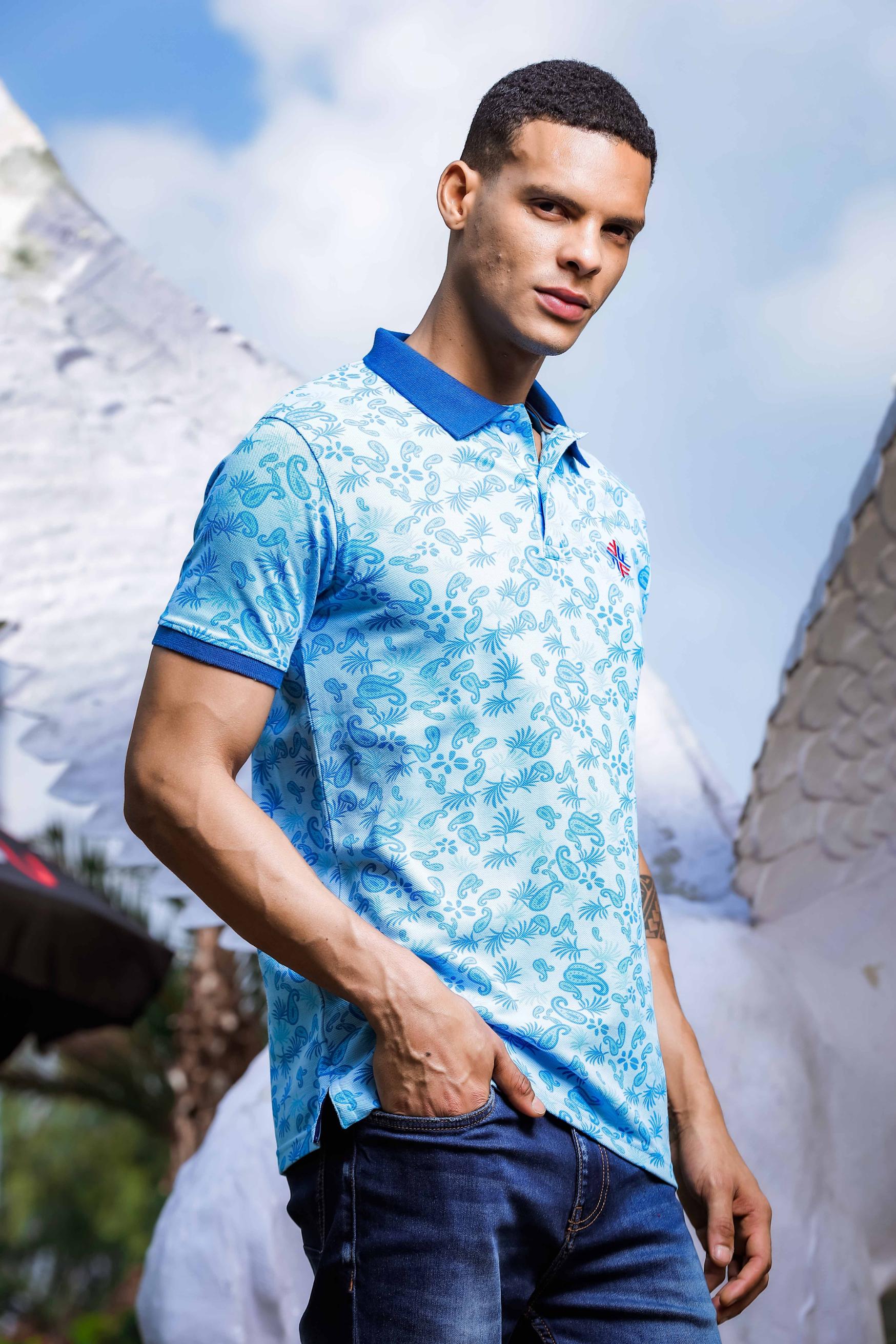 Light Blue Printed Polo T Shirt for Men