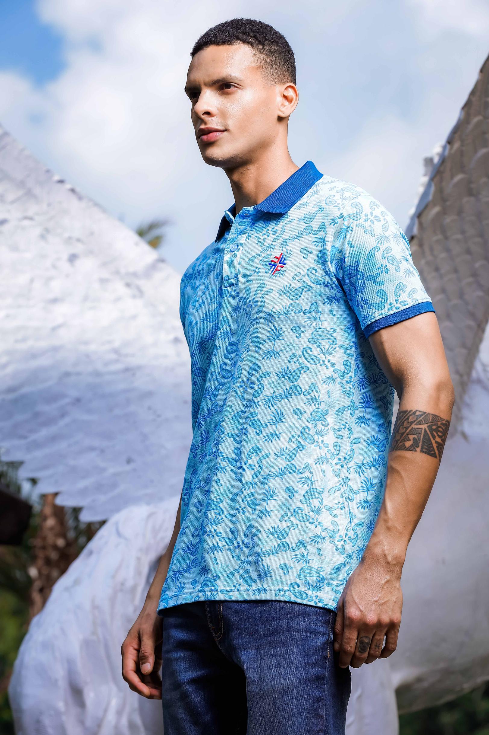 Light Blue Printed Polo T Shirt for Men