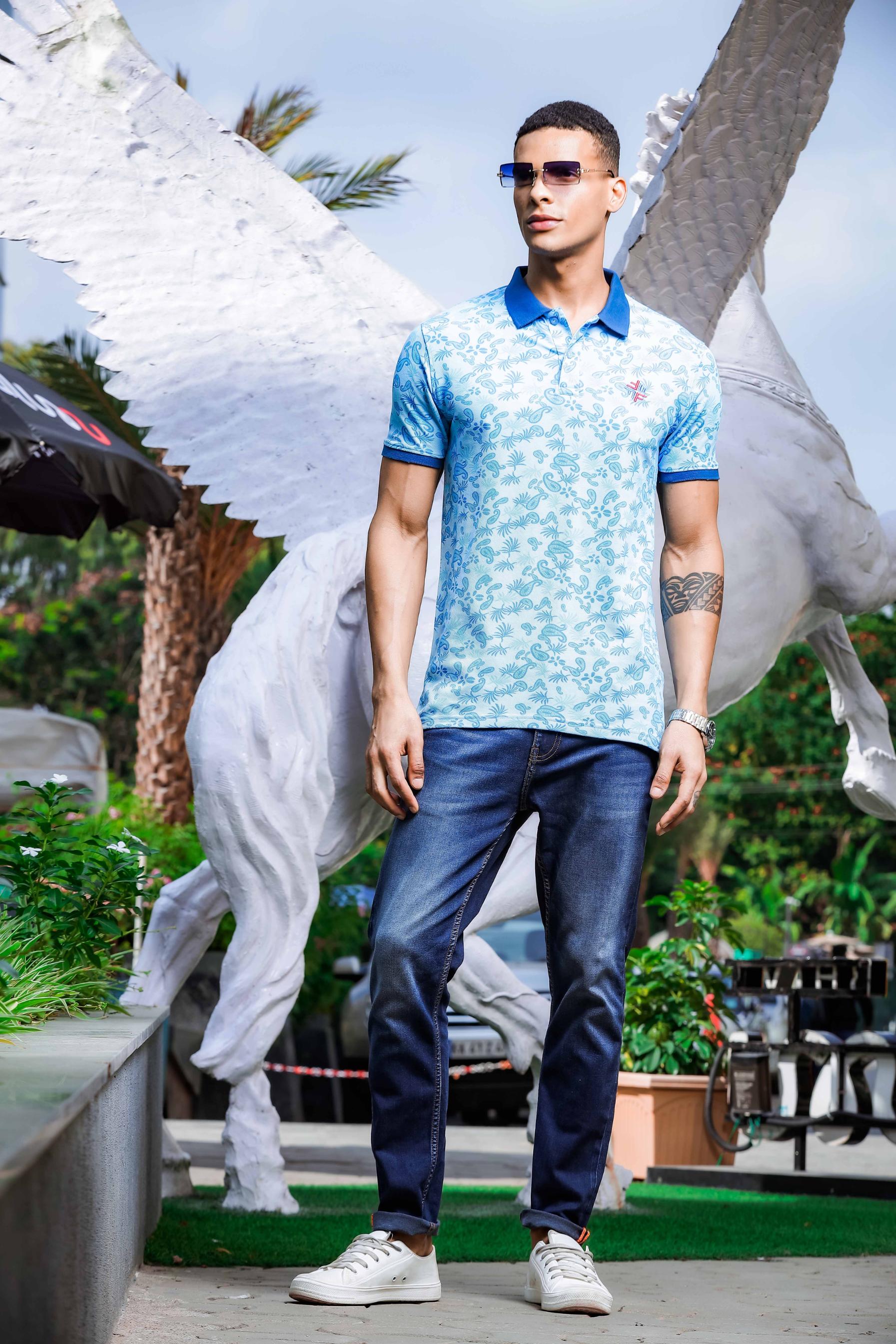 Light Blue Printed Polo T Shirt for Men