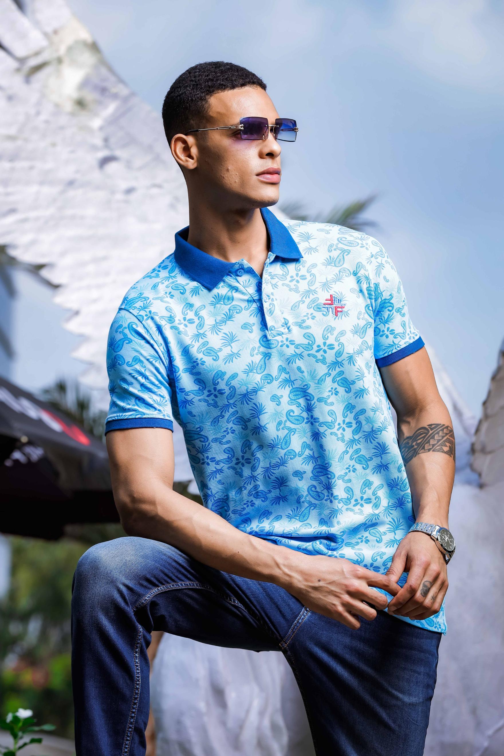 Light Blue Printed Polo T Shirt for Men