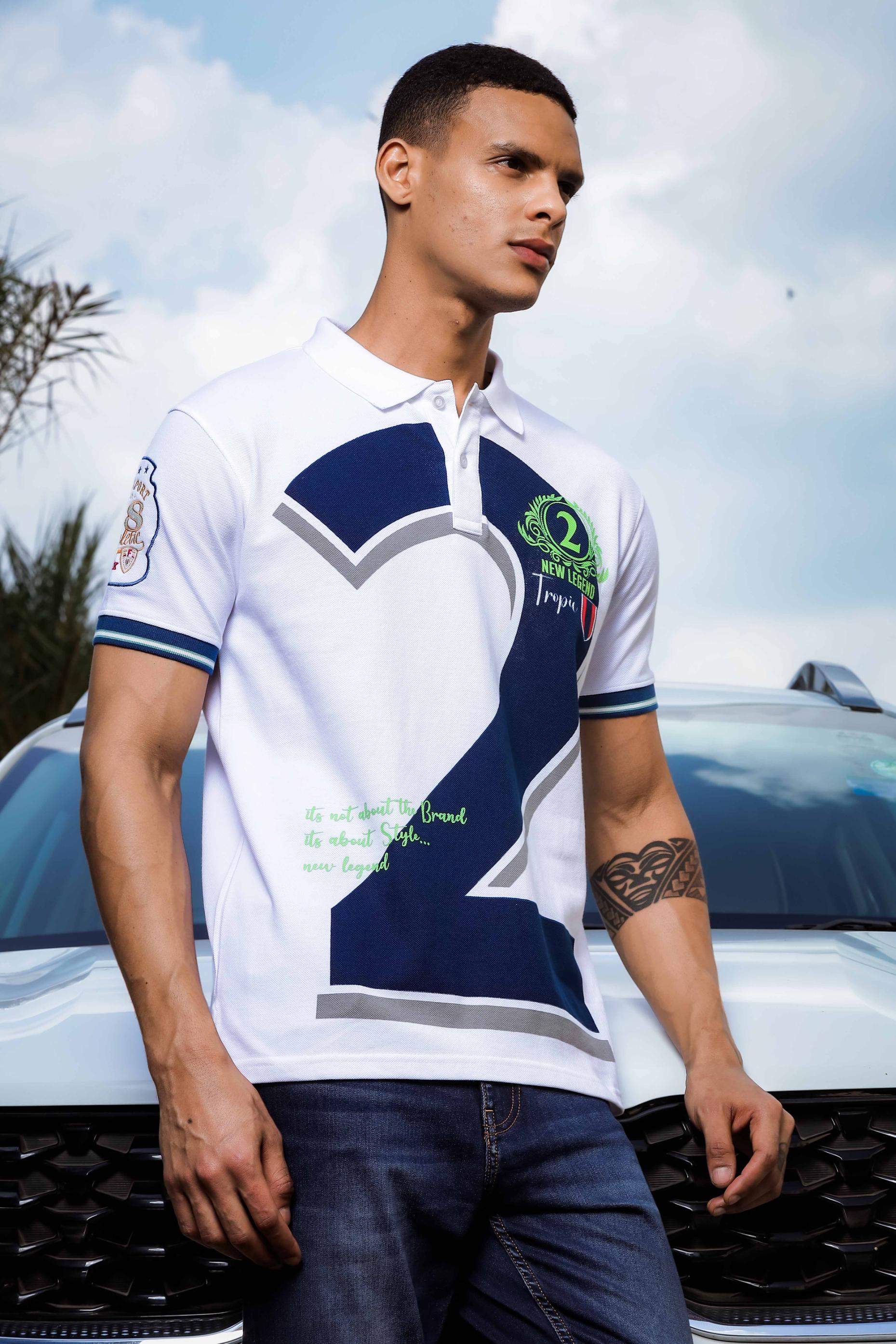 White Polo Tshirt for Men - Black Denim