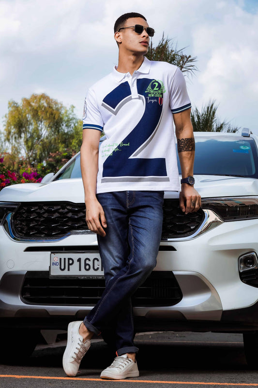 White Polo Tshirt for Men - Black Denim