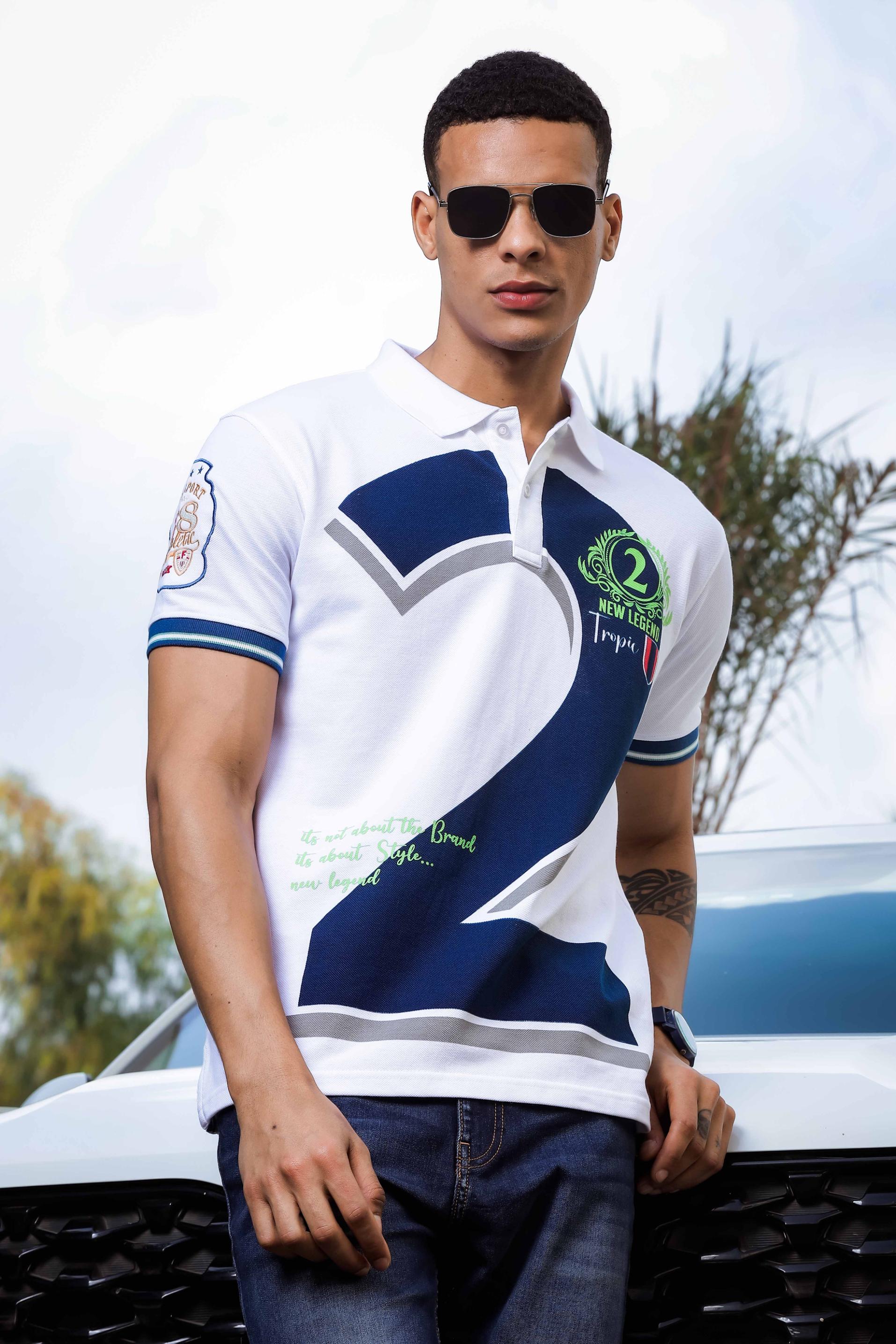 White Polo Tshirt for Men - Black Denim