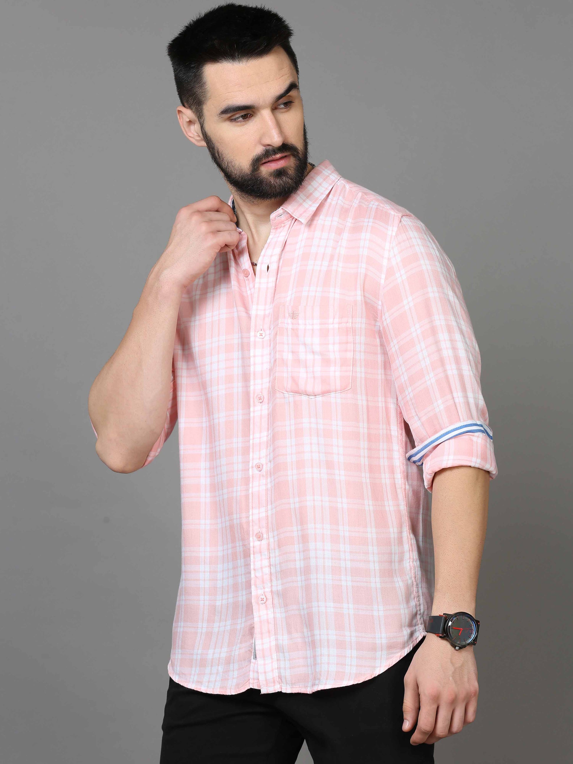  Pink and White Check Shirt for Men 
