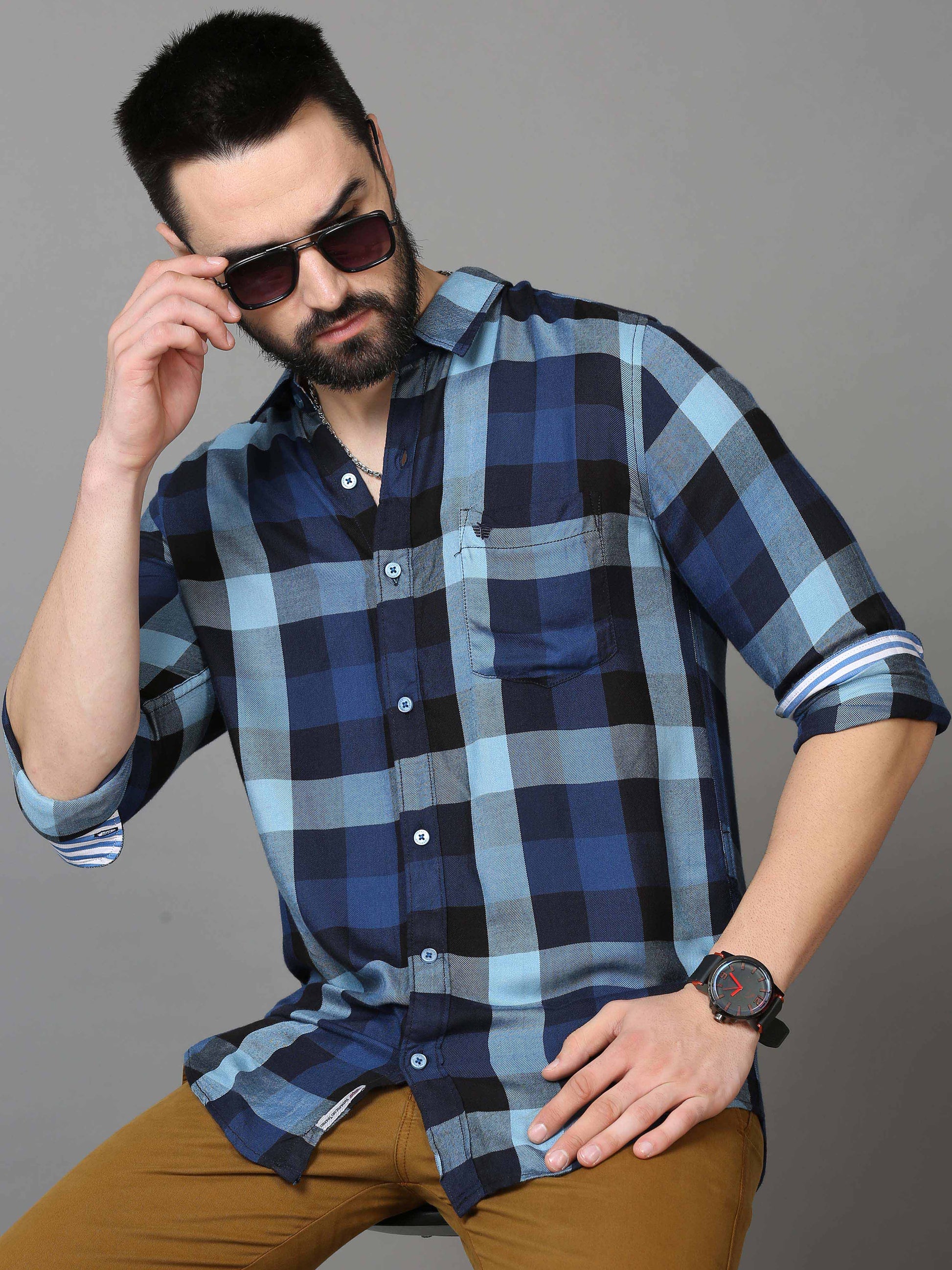Blue & White Check Shirt for Men 