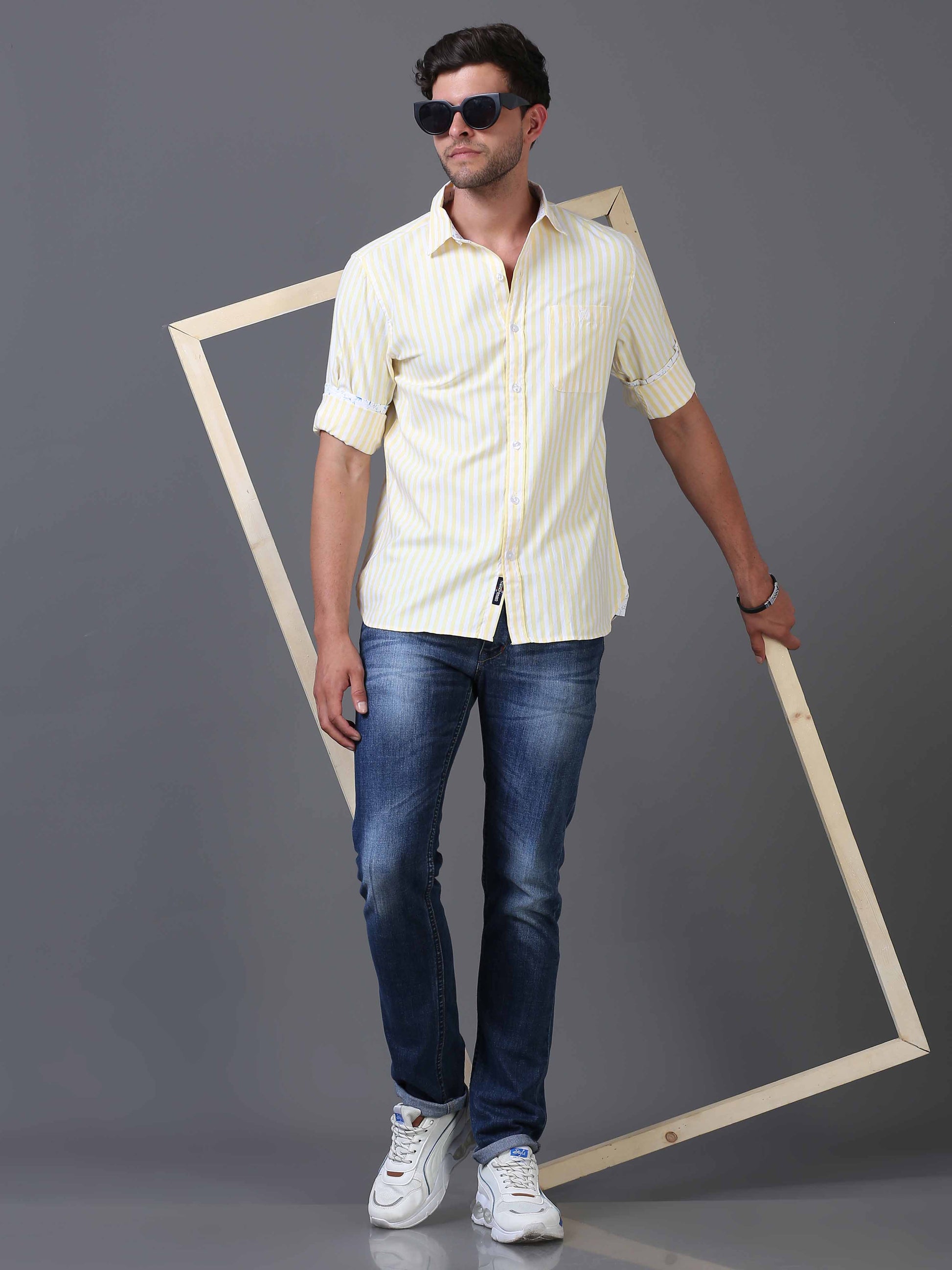 Mens Yellow and White Striped Shirt