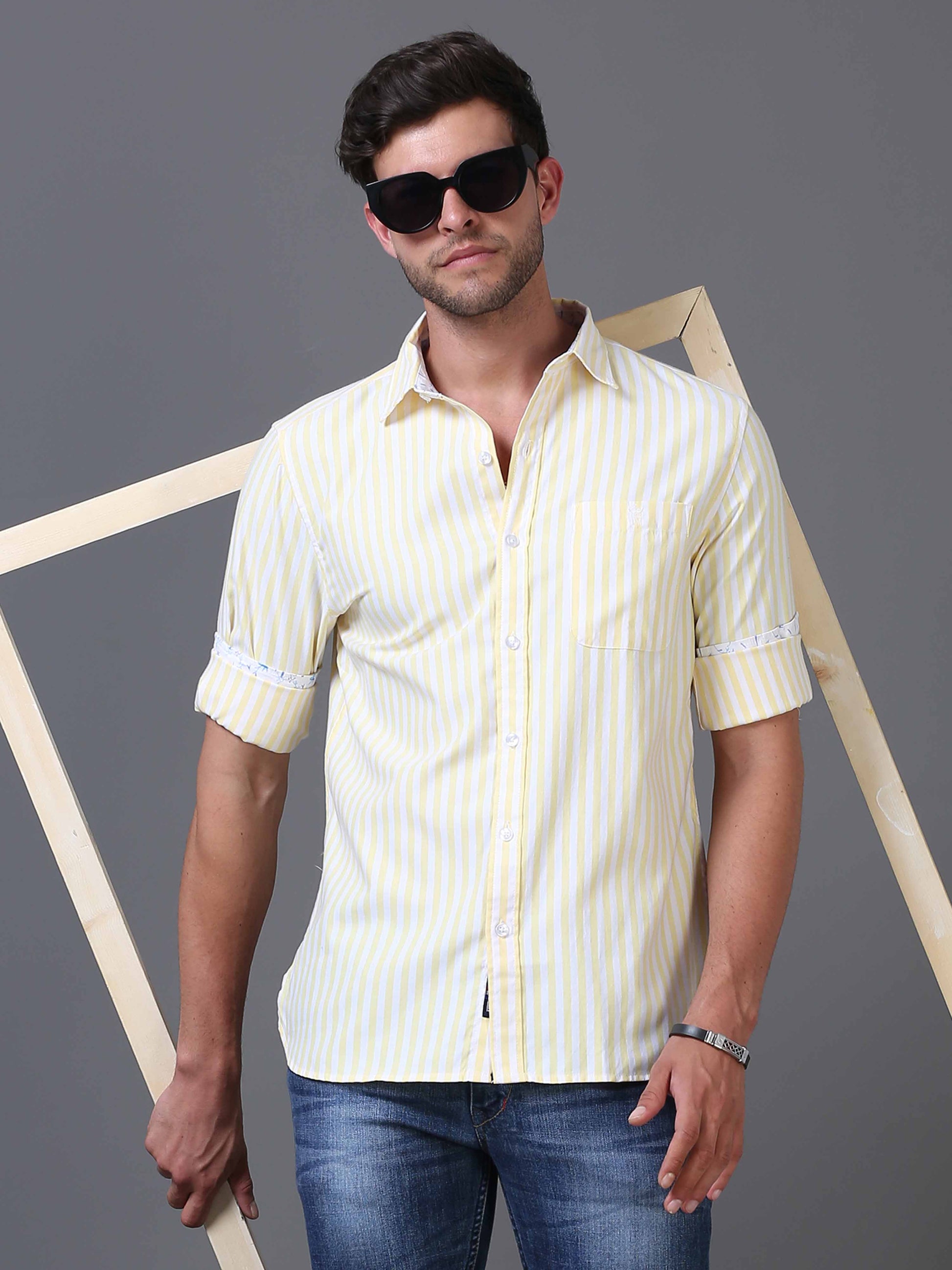 Mens Yellow and White Striped Shirt