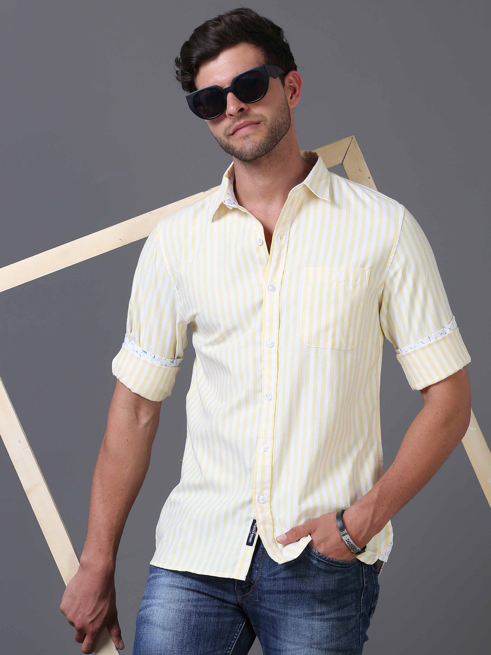 Mens Yellow and White Striped Shirt