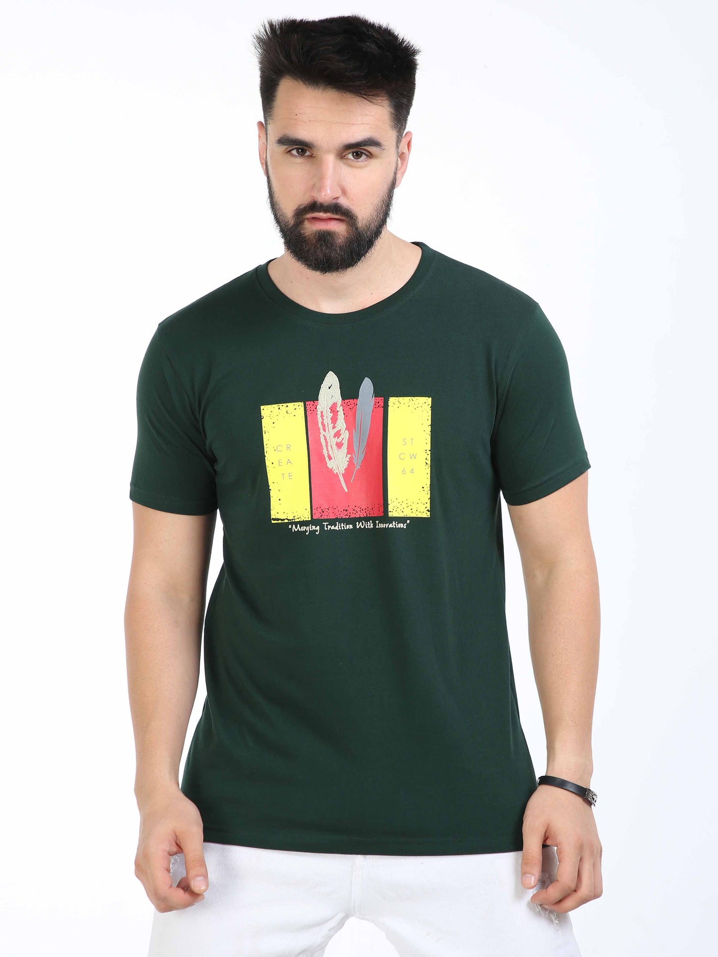 PRINT LEAF FORESTGREEN ROUND NECK T-SHIRTS