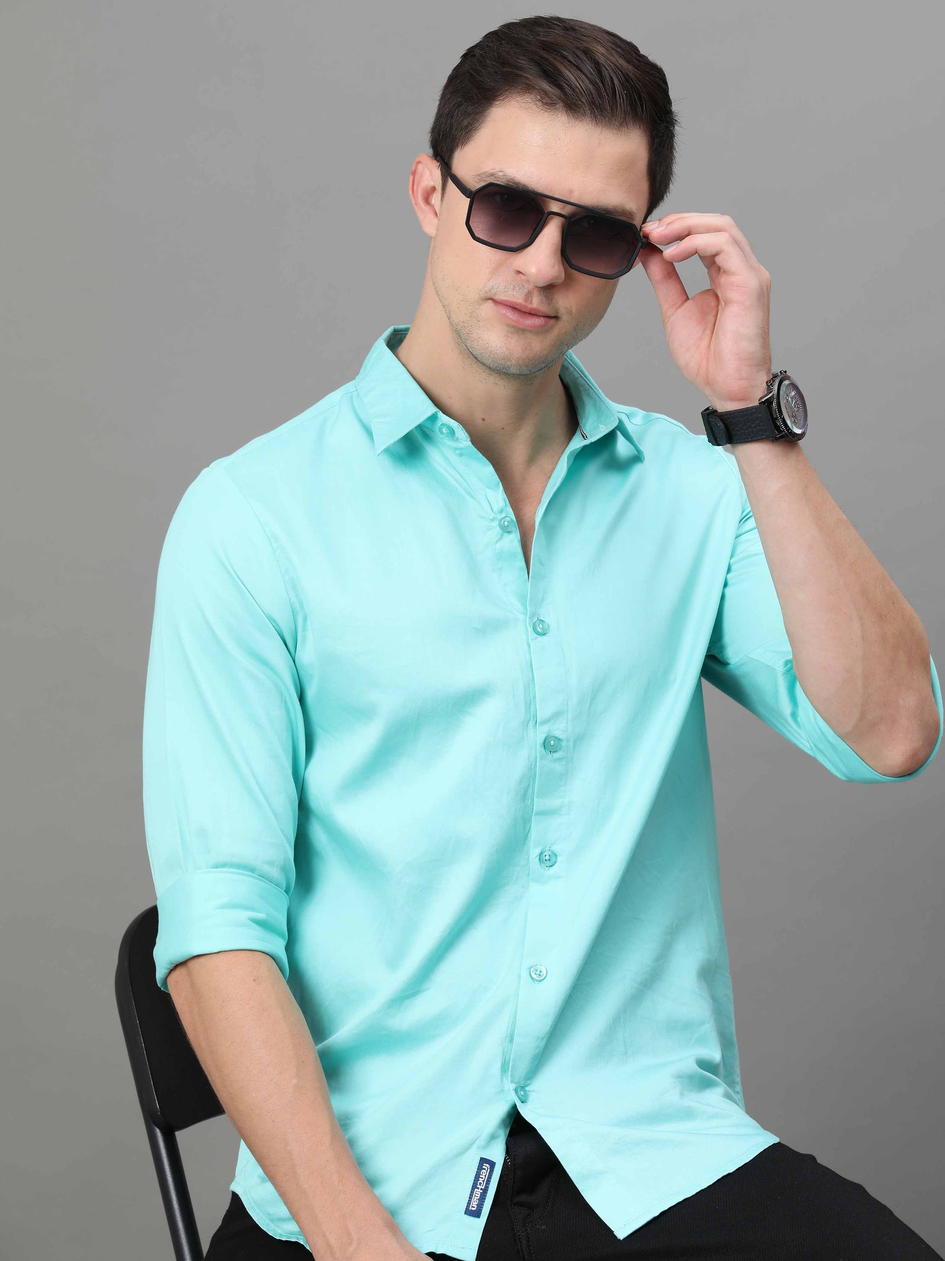 Buy Turquoise Blue Satin Shirt for Men Online in India