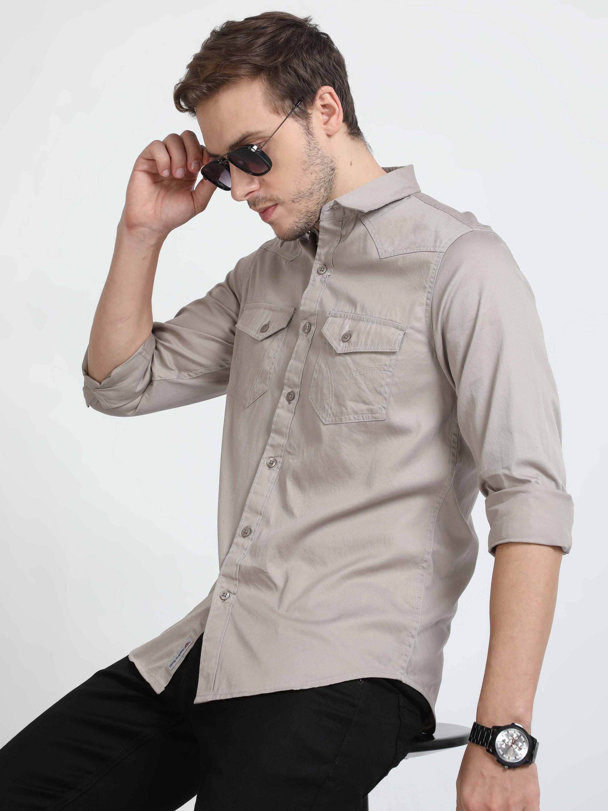 double pocket dress shirts Men's Casual Long Sleeve Two Pocket Dress Shirt