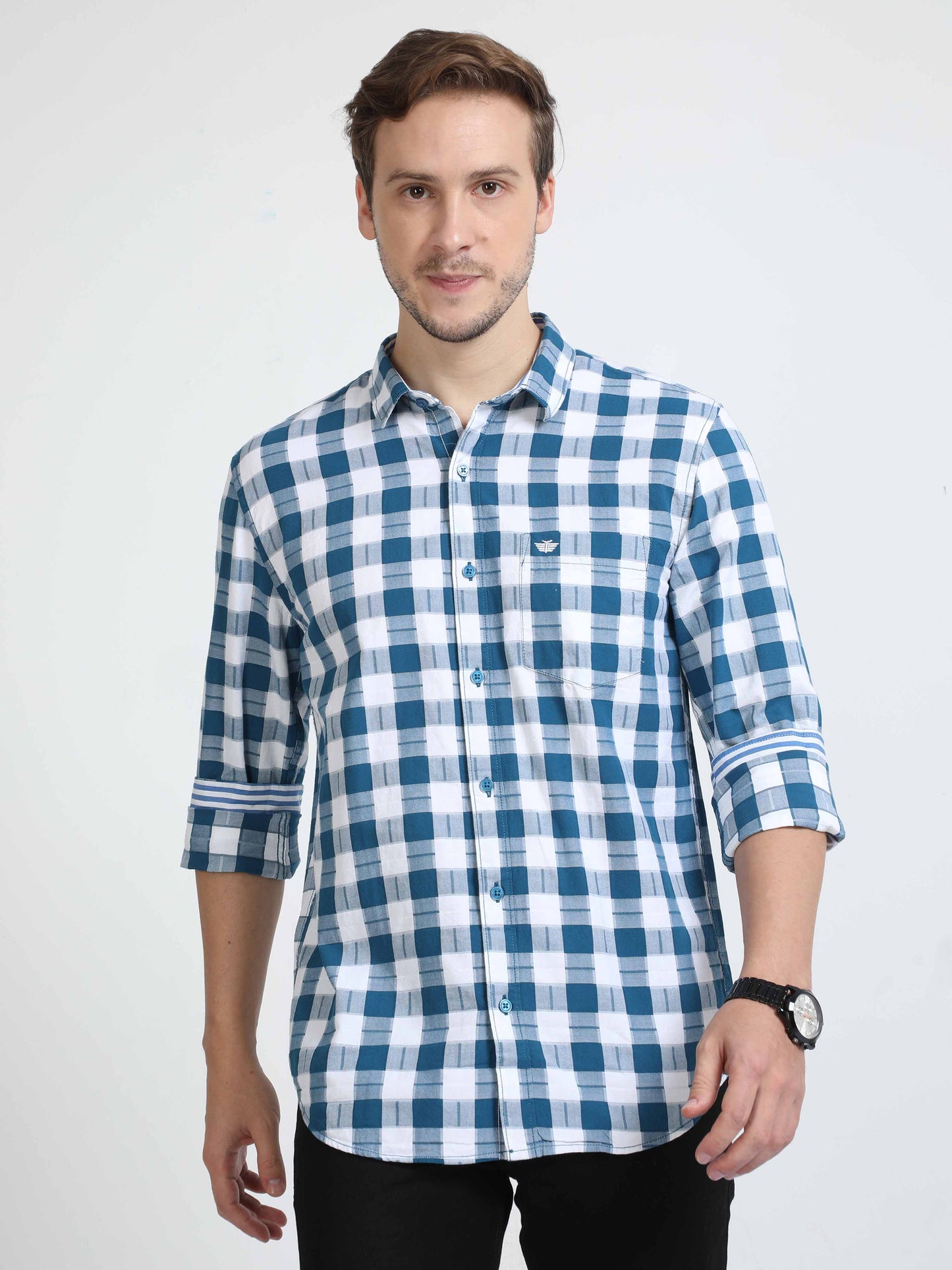  Blue and White Check Shirt for Men  - Black Denim