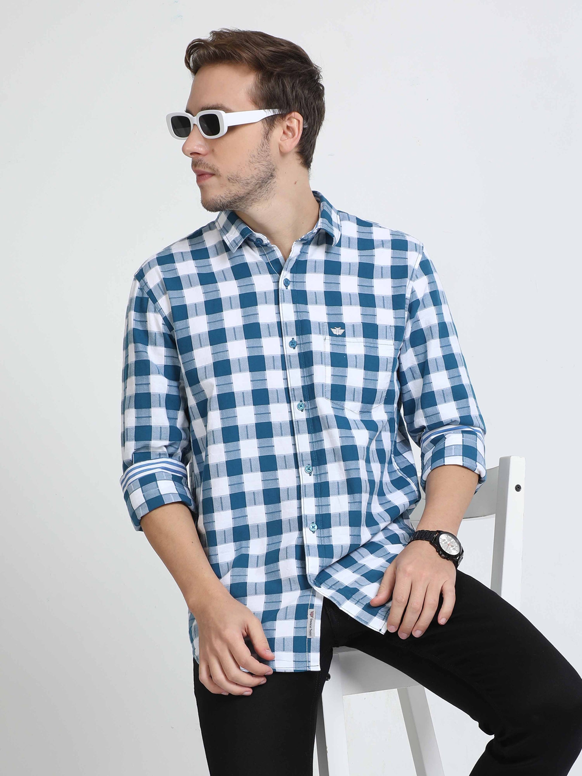  Blue and White Check Shirt for Men  - Black Denim