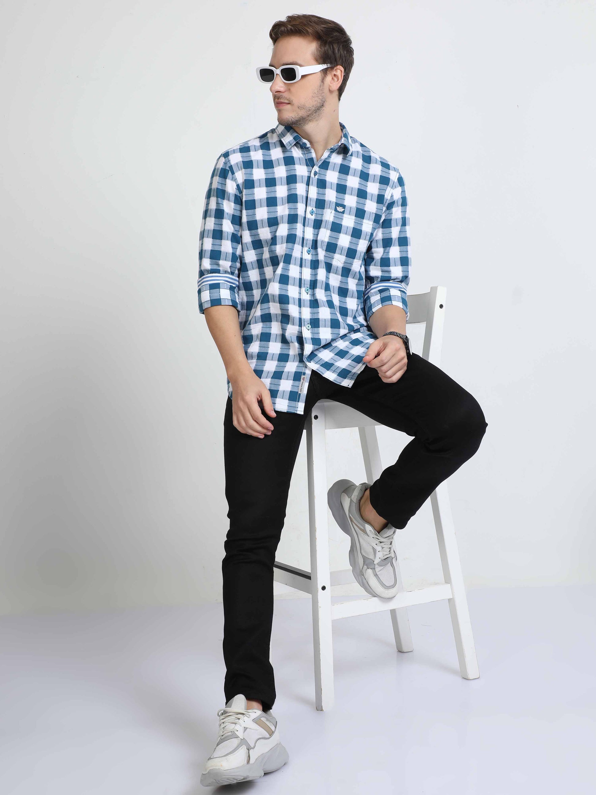  Blue and White Check Shirt for Men  - Black Denim