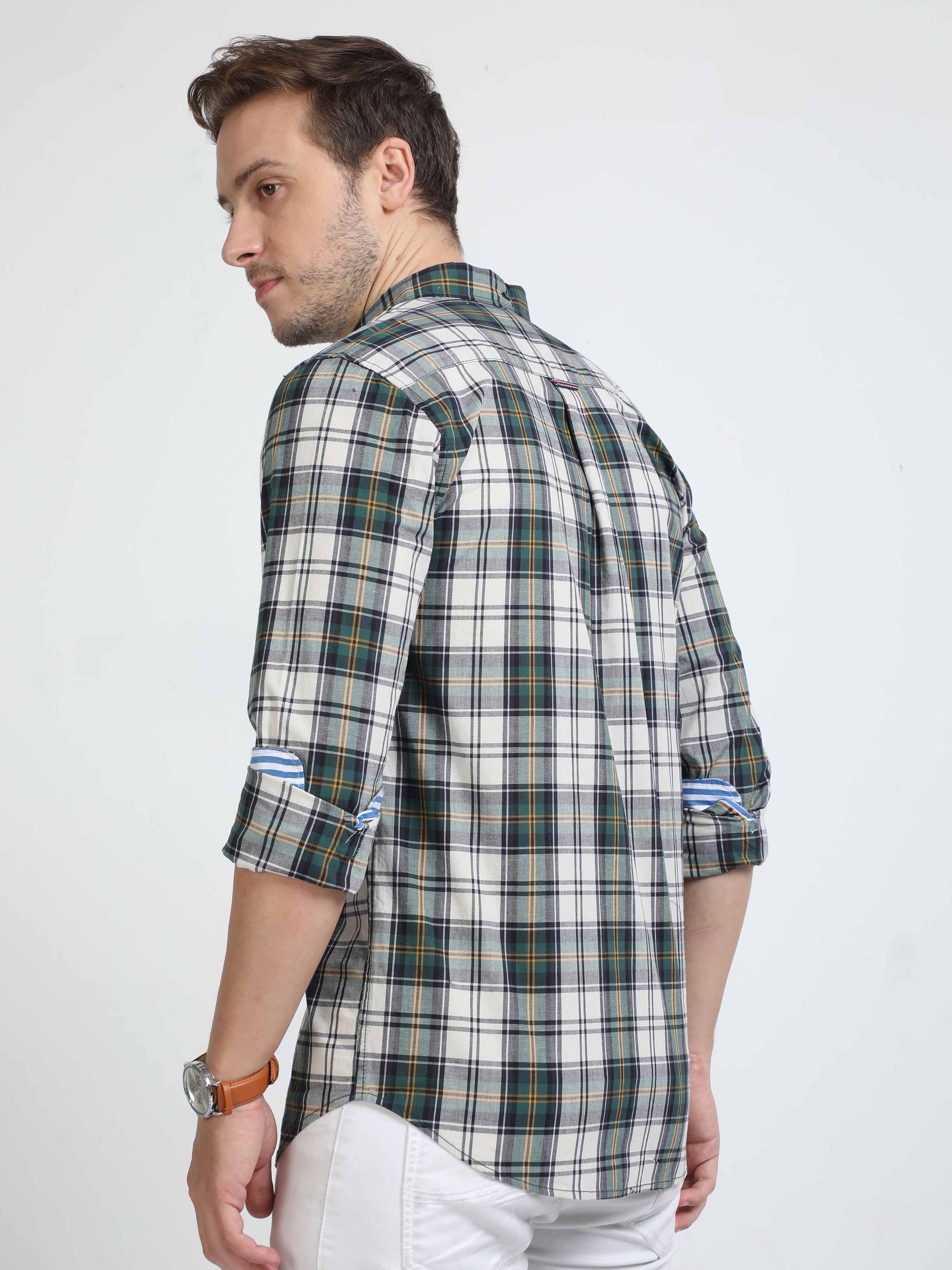 Green white checkered shirt - Black Denim