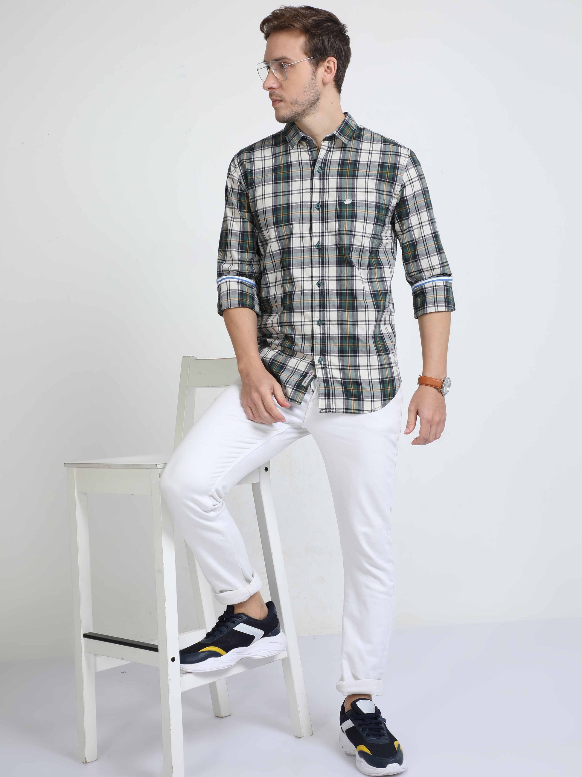 Green white checkered shirt - Black Denim