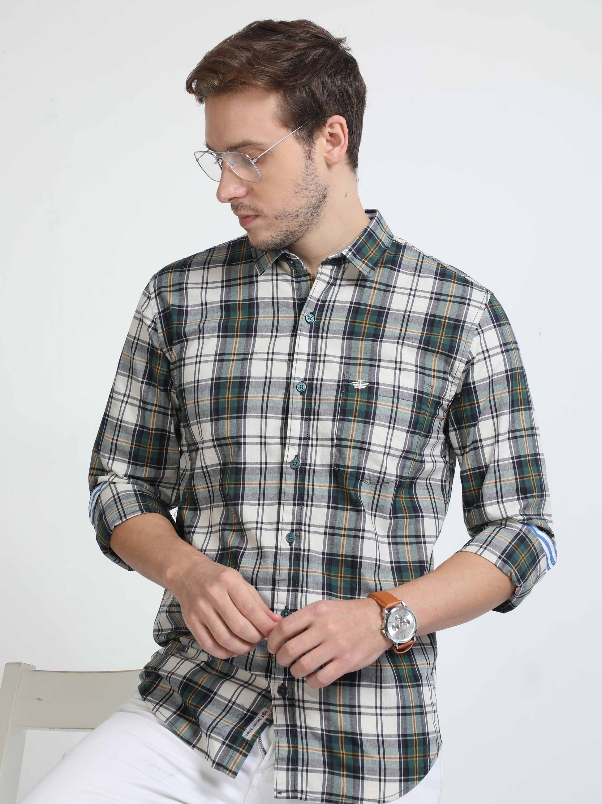 Green white checkered shirt - Black Denim