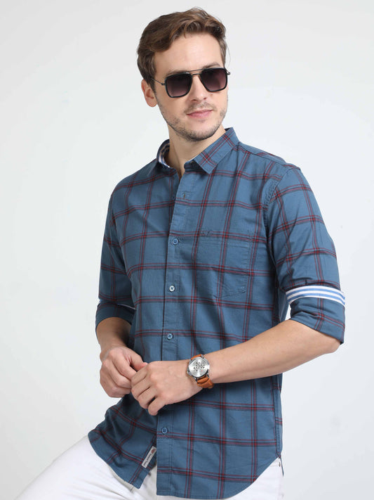Dark Blue Checkered Cotton Shirt for Men