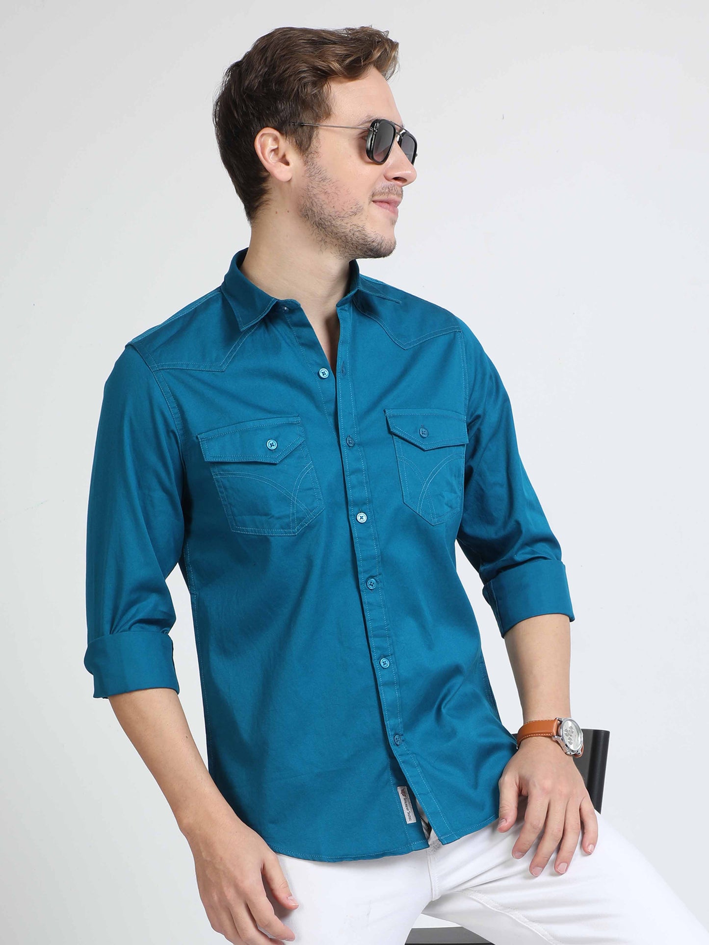 Buy Cargo Blue Double Pocket Shirt for Men Online