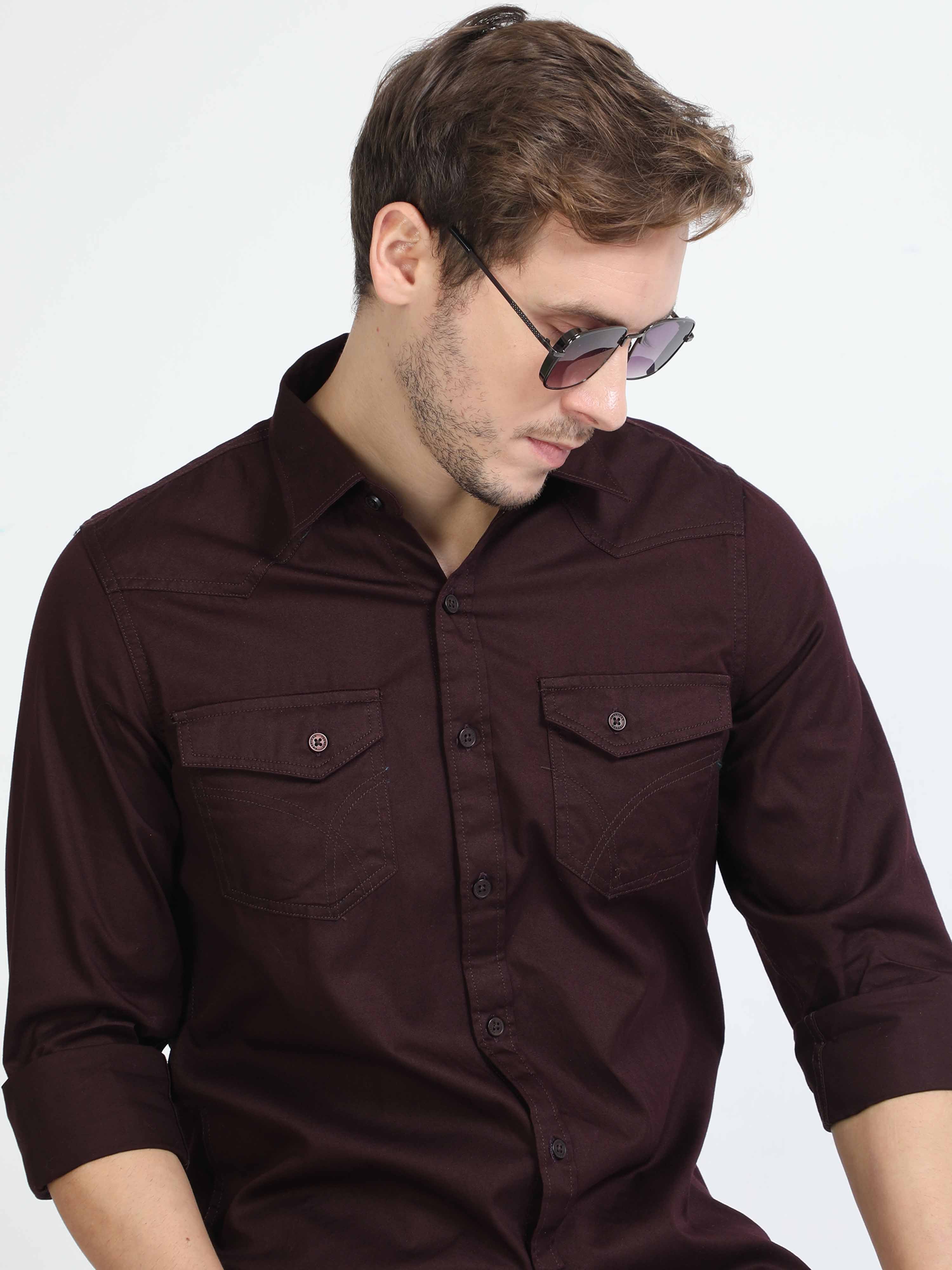 Shop Cotton Maroon Double Pocket Shirt for Men Online