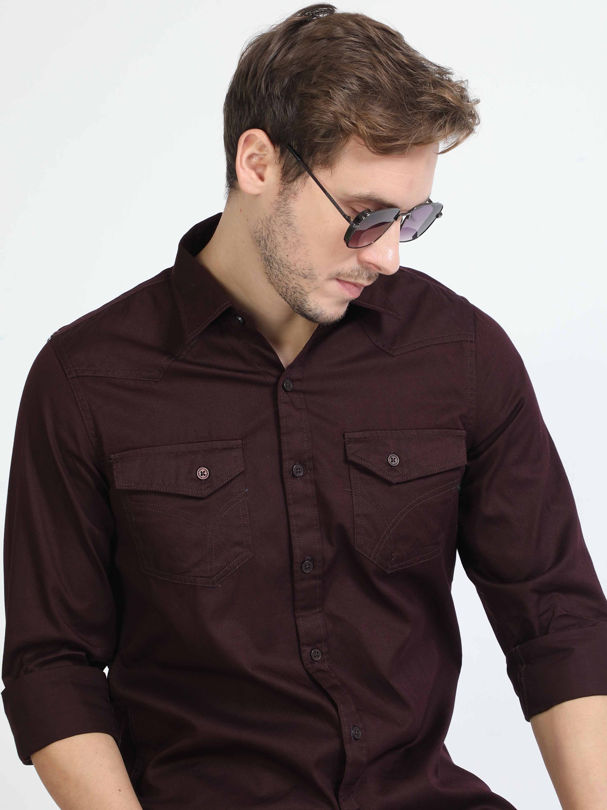 maroon double pocket shirt