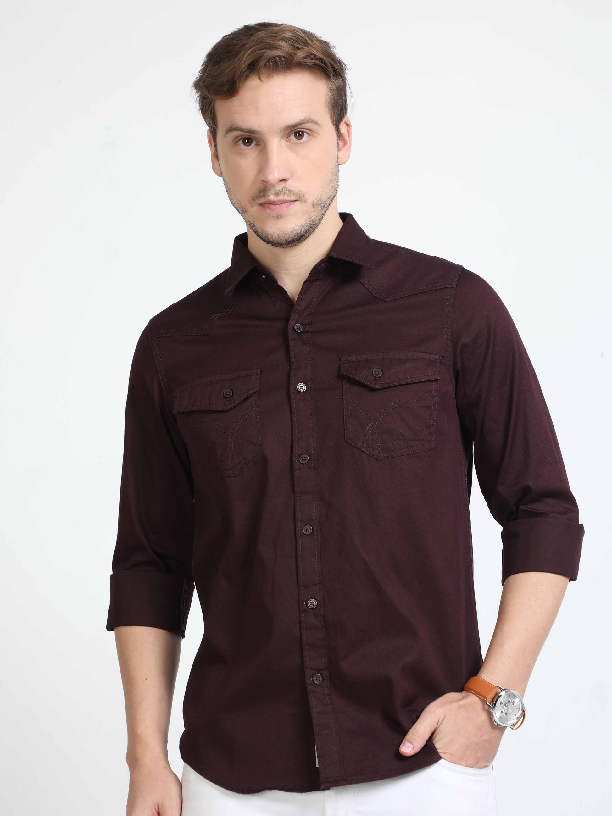 maroon double pocket shirt
