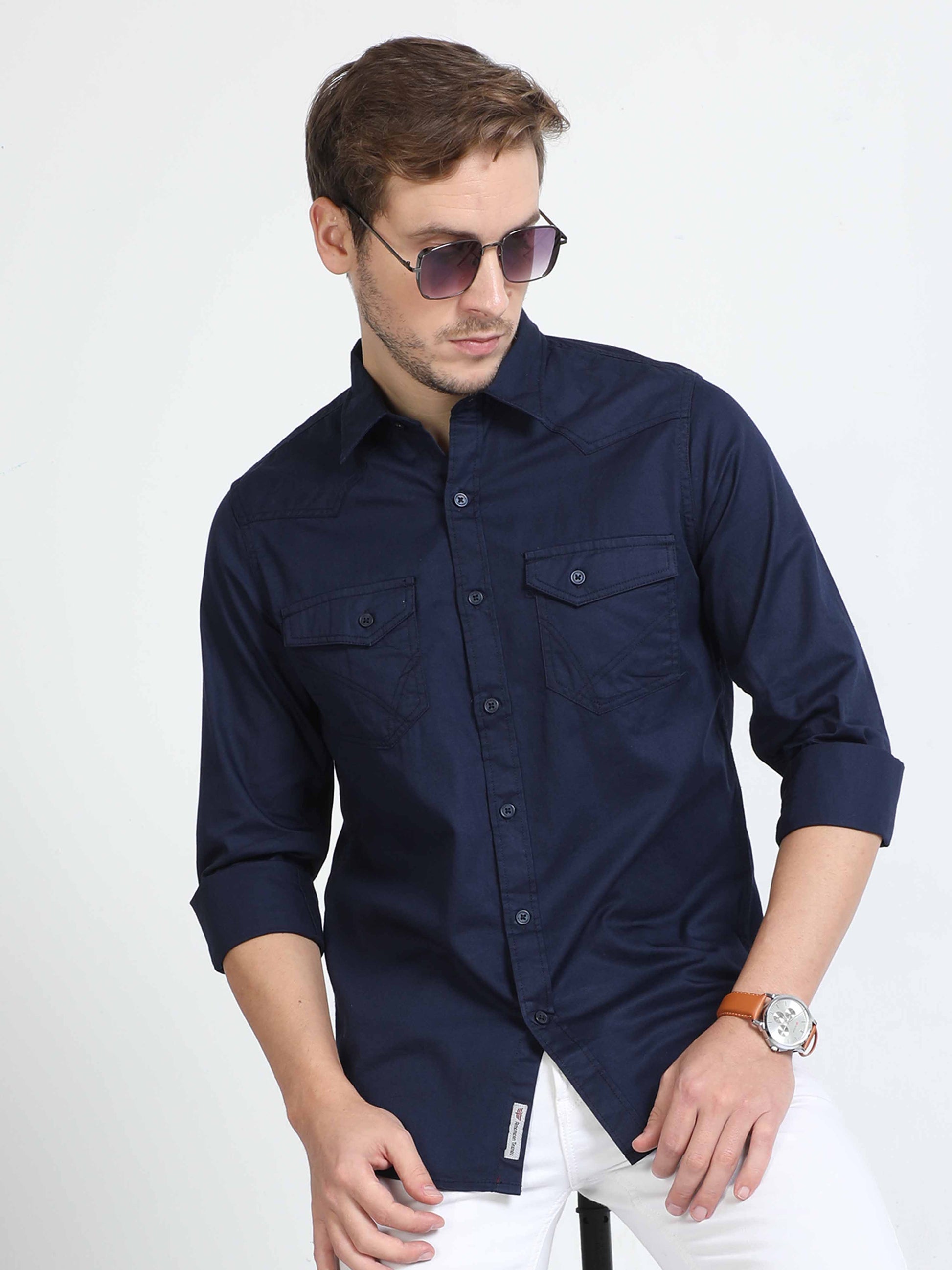 navy blue double pocket shirt