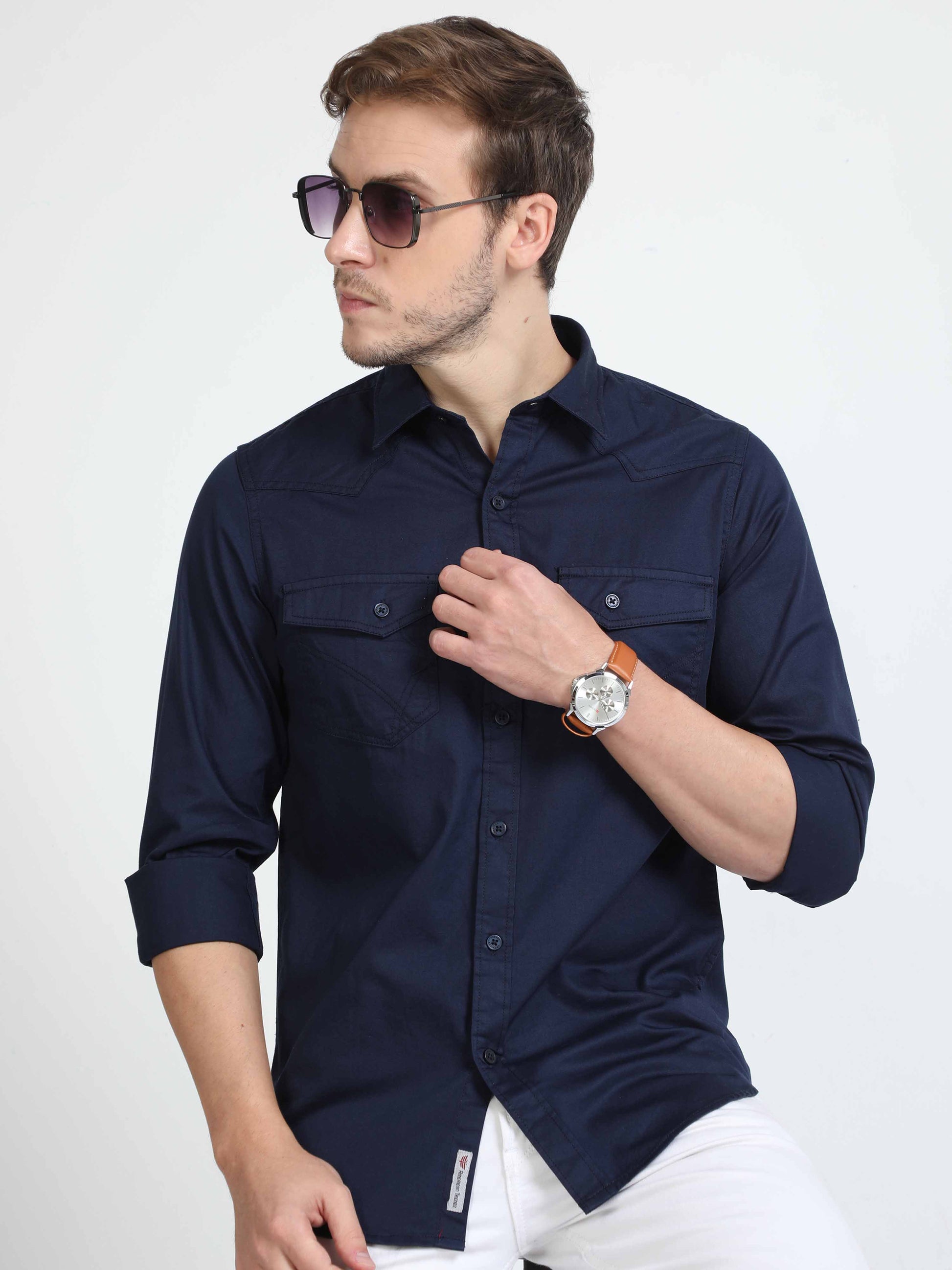 navy blue double pocket shirt
