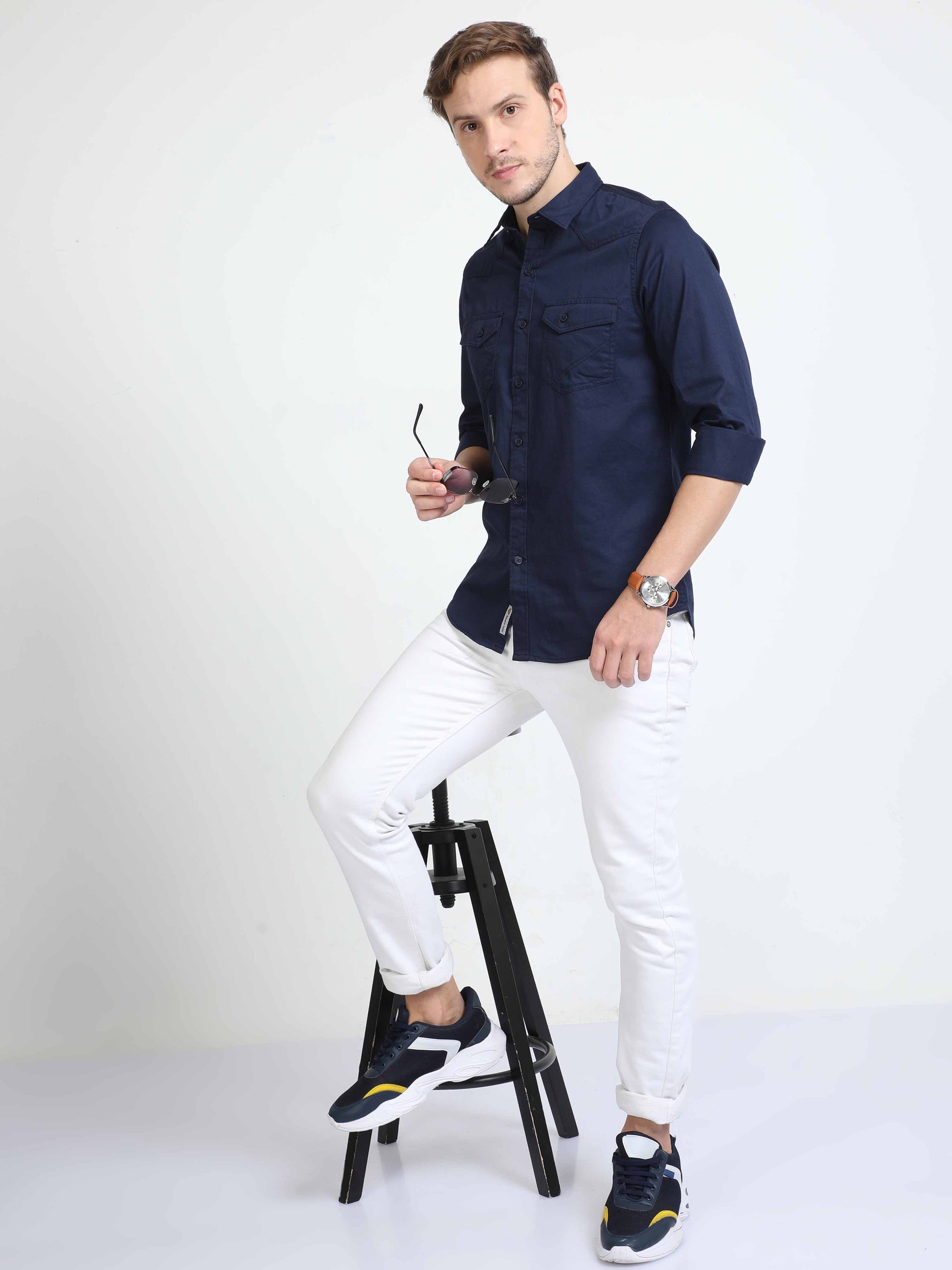 navy blue double pocket shirt
