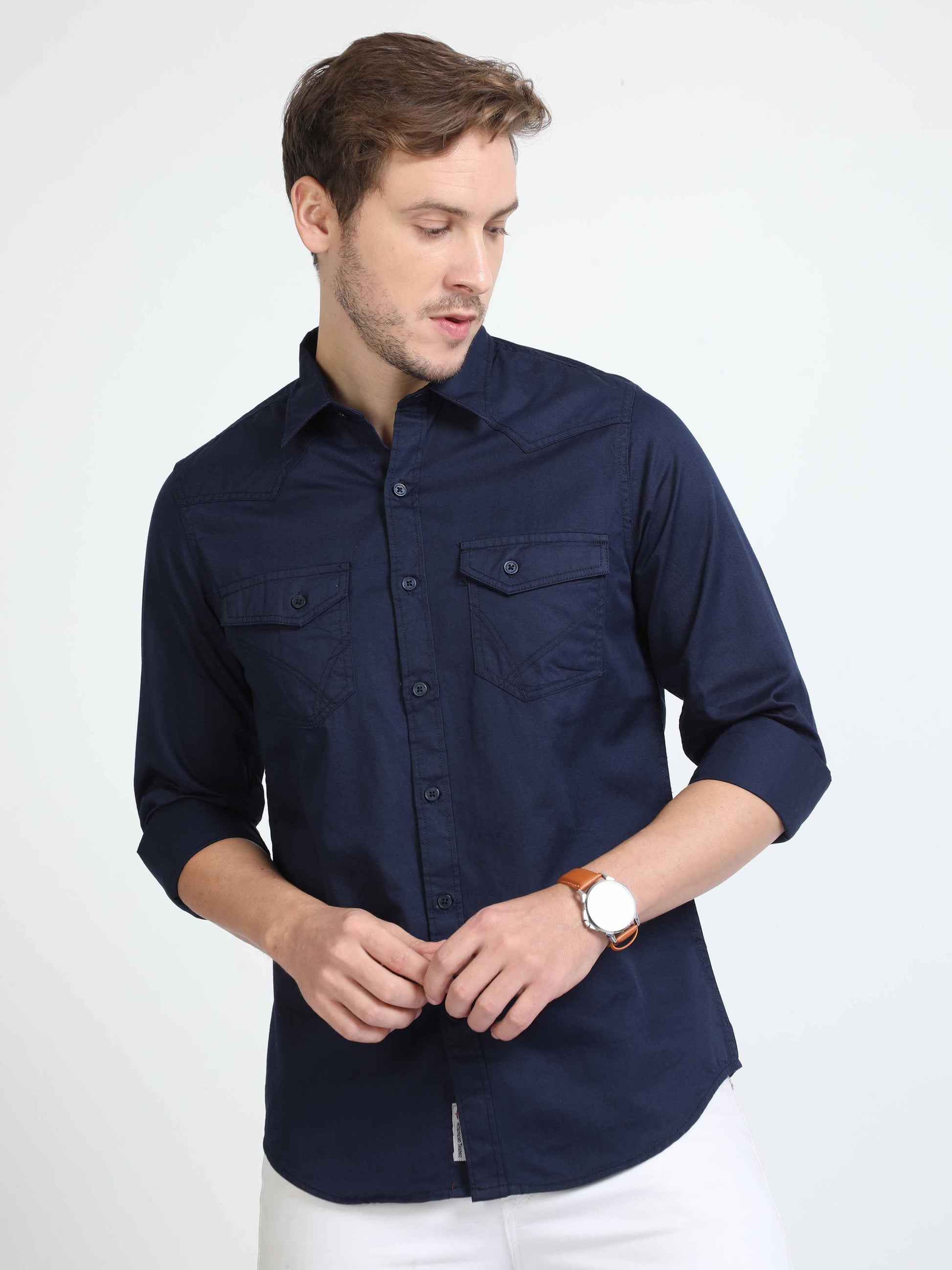 navy blue double pocket shirt