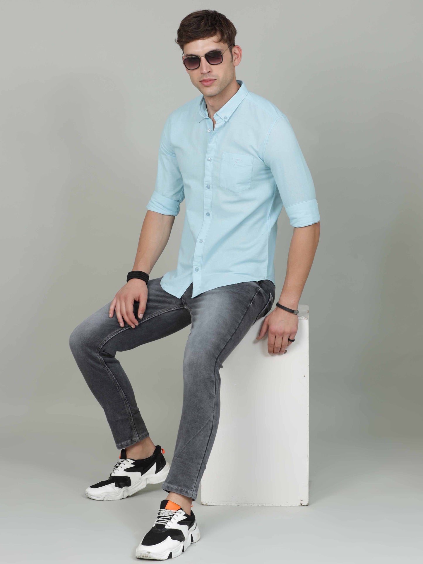 Turquoise Jute Linen Cotton Shirt For Men
