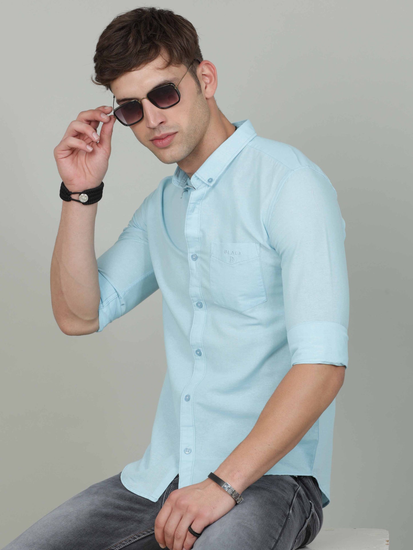 Turquoise Jute Linen Cotton Shirt For Men